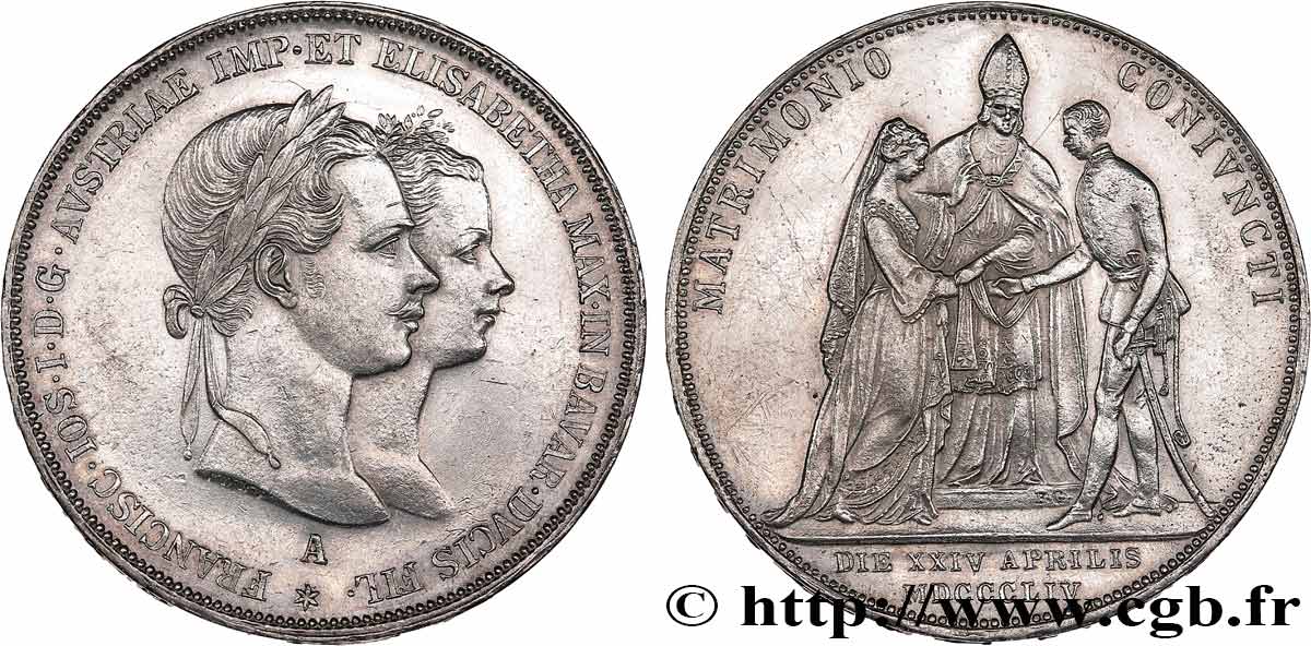 ÖSTERREICH 2 Gulden (Florin) mariage de François-Joseph et Élisabeth 1854 Vienne fVZ 