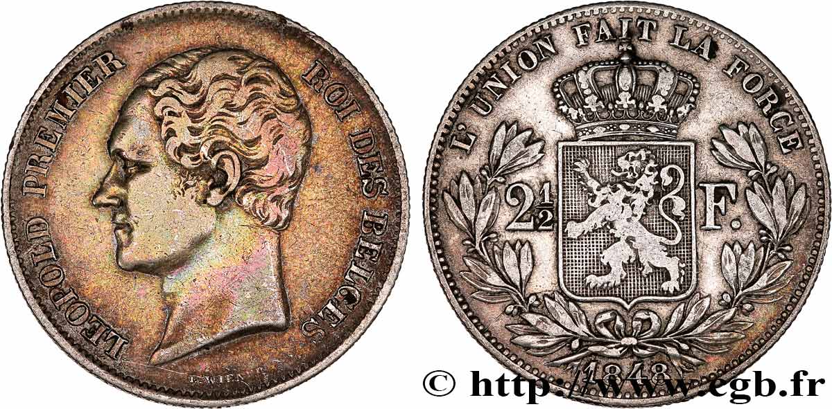 BELGIQUE - ROYAUME DE BELGIQUE - LÉOPOLD Ier 2 1/2 Francs, 2e type, petite tête nue 1848 Bruxelles XF 