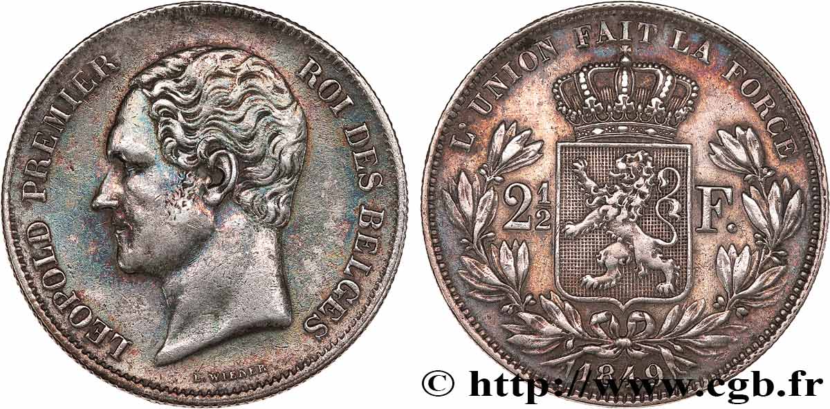 BELGIQUE 2 1/2 Francs grosse tête nue Léopold Ier 1849 Bruxelles TTB 