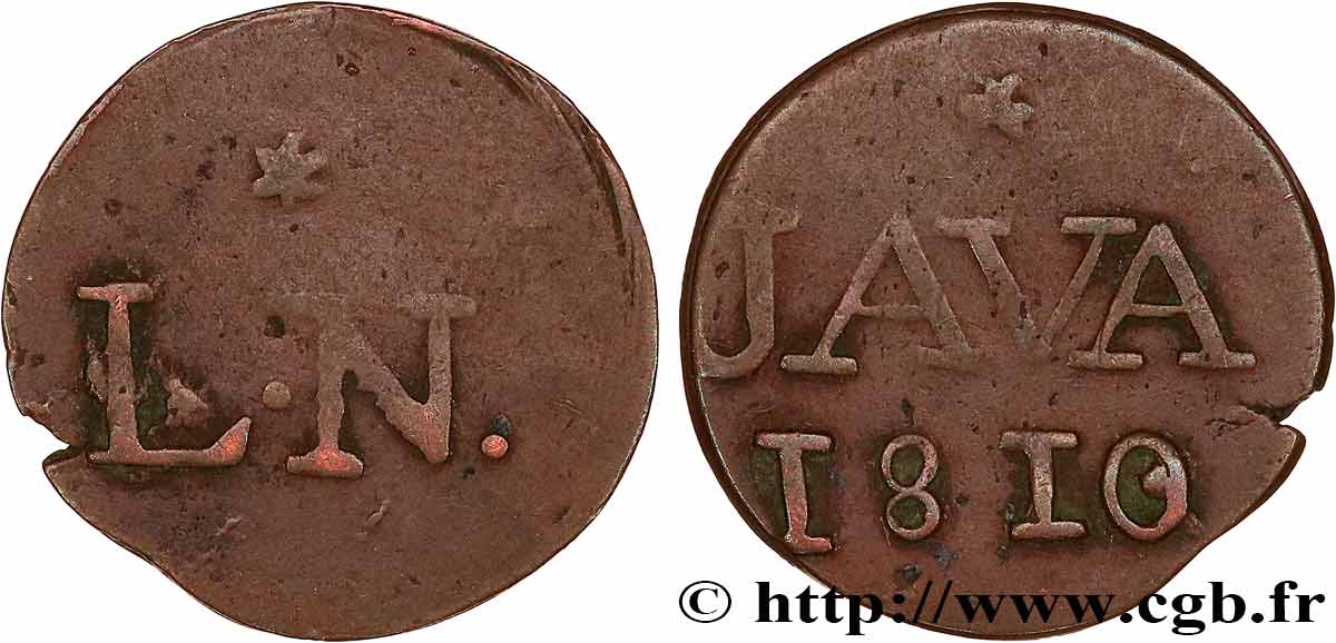 INDIE OLANDESI 1 Duit “LN” initiales de Louis Napoléon roi de Hollande et au revers “JAVA” 1810 Harderwijk q.BB 