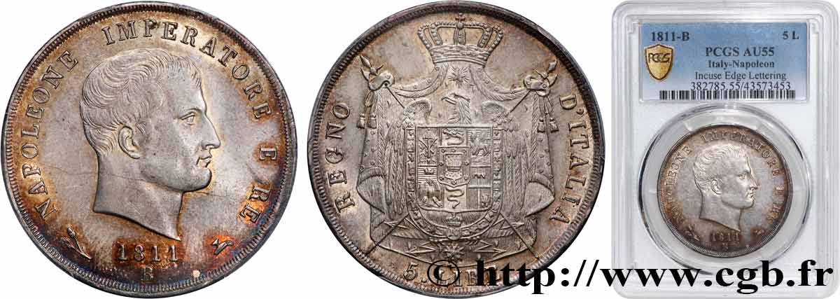 ITALIA - REINO DE ITALIA - NAPOLEóNE I 5 lire, 1er type 1811 Bologne EBC55 PCGS