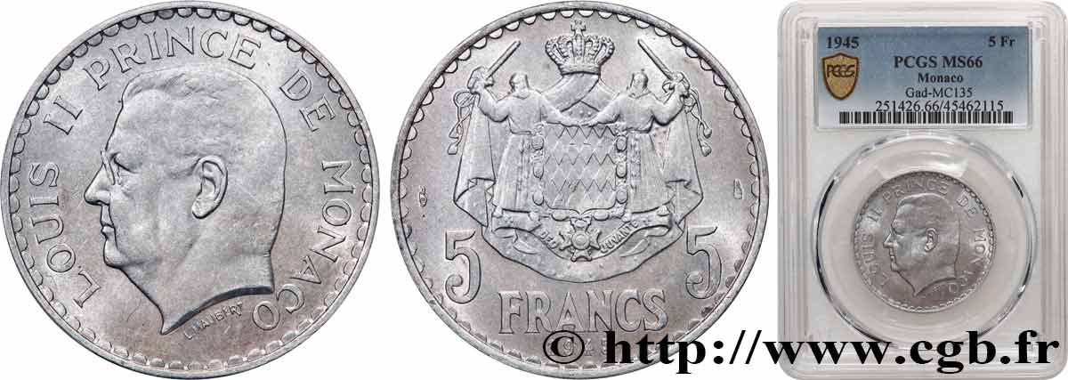 MONACO - LOUIS II 5 Francs  1945 Paris MS66 PCGS
