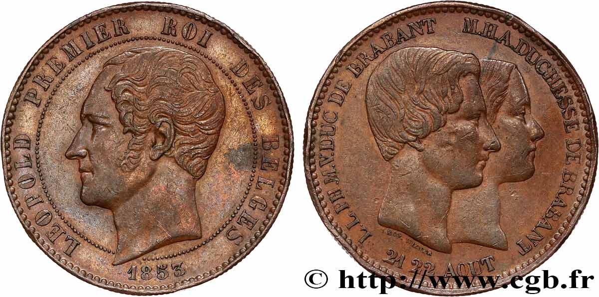 BÉLGICA 10 Centimes Mariage du Duc et de la Duchesse de Brabant 1853 Bruxelles MBC 