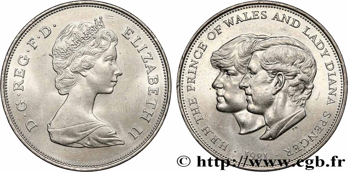ROYAUME-UNI 25 New Pence (1 Crown) mariage du Prince de Galles et de Lady Diana Spencer 1981  SUP 