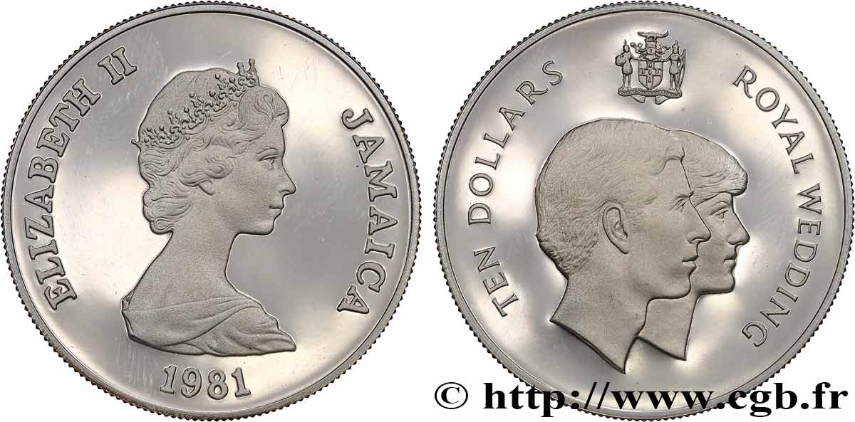 JAMAÏQUE 10 Dollars Proof Mariage Royal 1981  SPL 