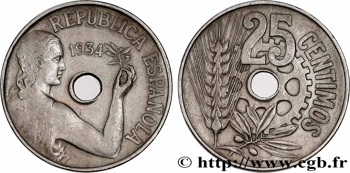 ESPAGNE 25 Centimos monnayage républicain 1934  TTB 