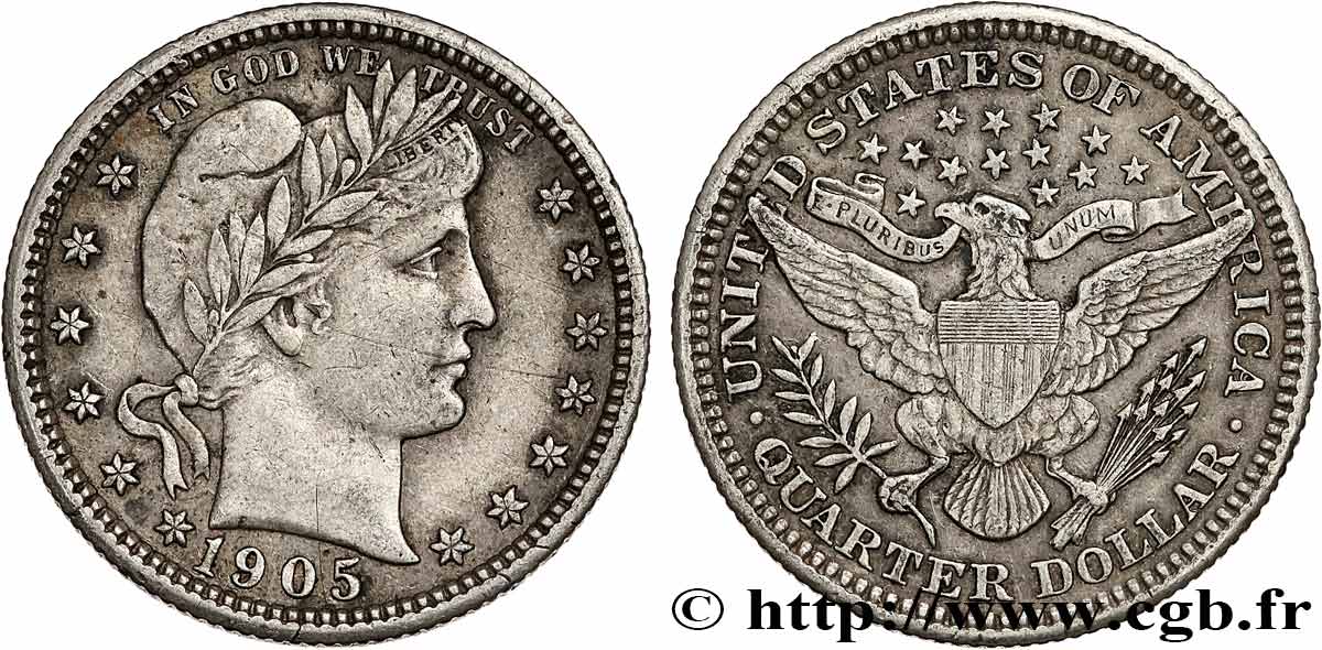 UNITED STATES OF AMERICA 1/4 Dollar Barber 1905 Philadelphie XF 