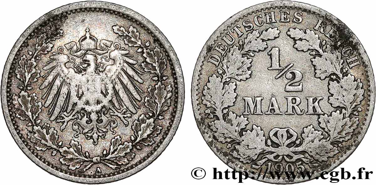 ALLEMAGNE 1/2 Mark Empire aigle impérial 1905 Berlin TB+ 