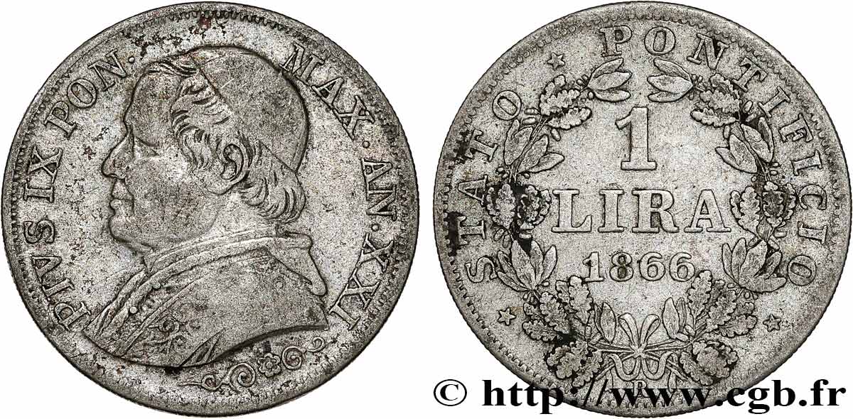 VATIKANSTAAT UND KIRCHENSTAAT 1 Lire Pie IX type grand buste an XXI 1866 Rome fSS 