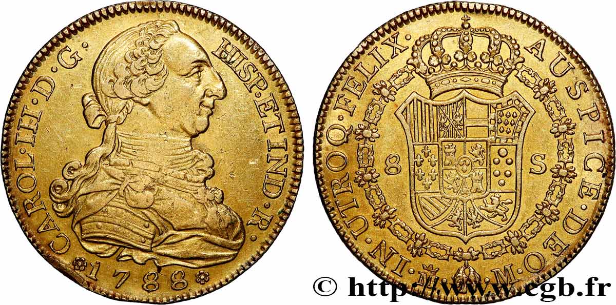 SPAIN - KINGDOM OF SPAIN - CHARLES III 8 escudos 1788 Madrid AU 