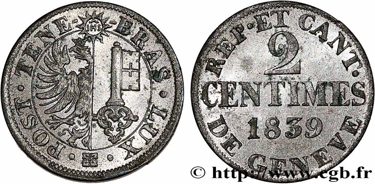 SUISA - REPUBLICA DE GINEBRA 2 Centimes - Canton de Genève 1839  BC+ 