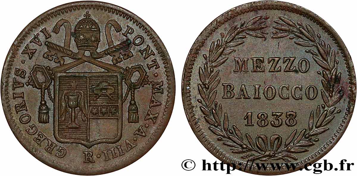 VATICAN AND PAPAL STATES 1/2 Baiocco Grégoire XVI an VIII 1838 Rome AU 