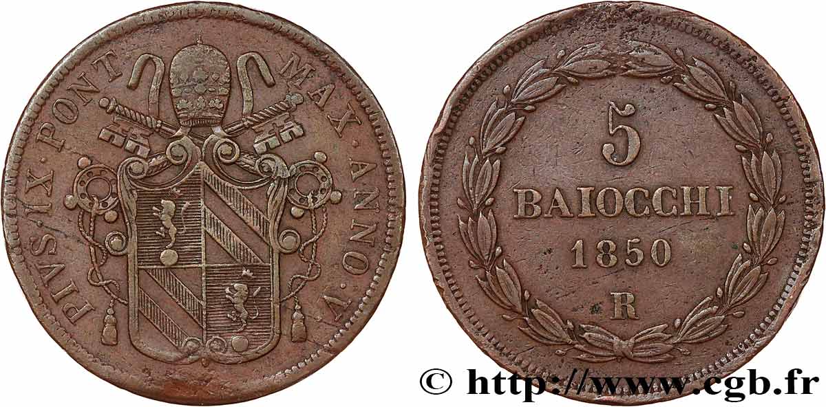 VATICAN AND PAPAL STATES 5 Baiocchi Pie IX an V 1850 Rome XF 