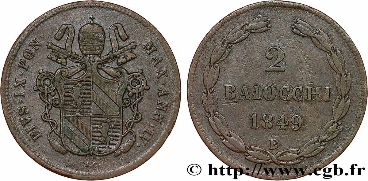 VATICAN AND PAPAL STATES 2 Baiocchi Pie XI an IV 1849 Rome XF 