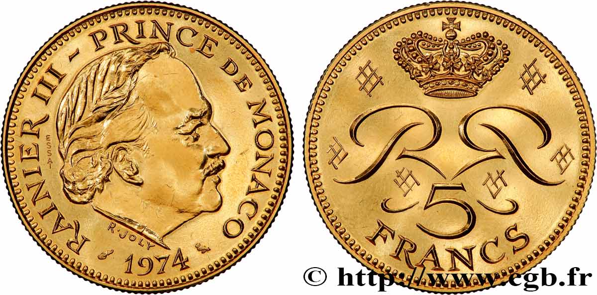 MONACO - PRINCIPAUTÉ DE MONACO - RAINIER III Essai en or 5 Francs 1974 Paris SPL 
