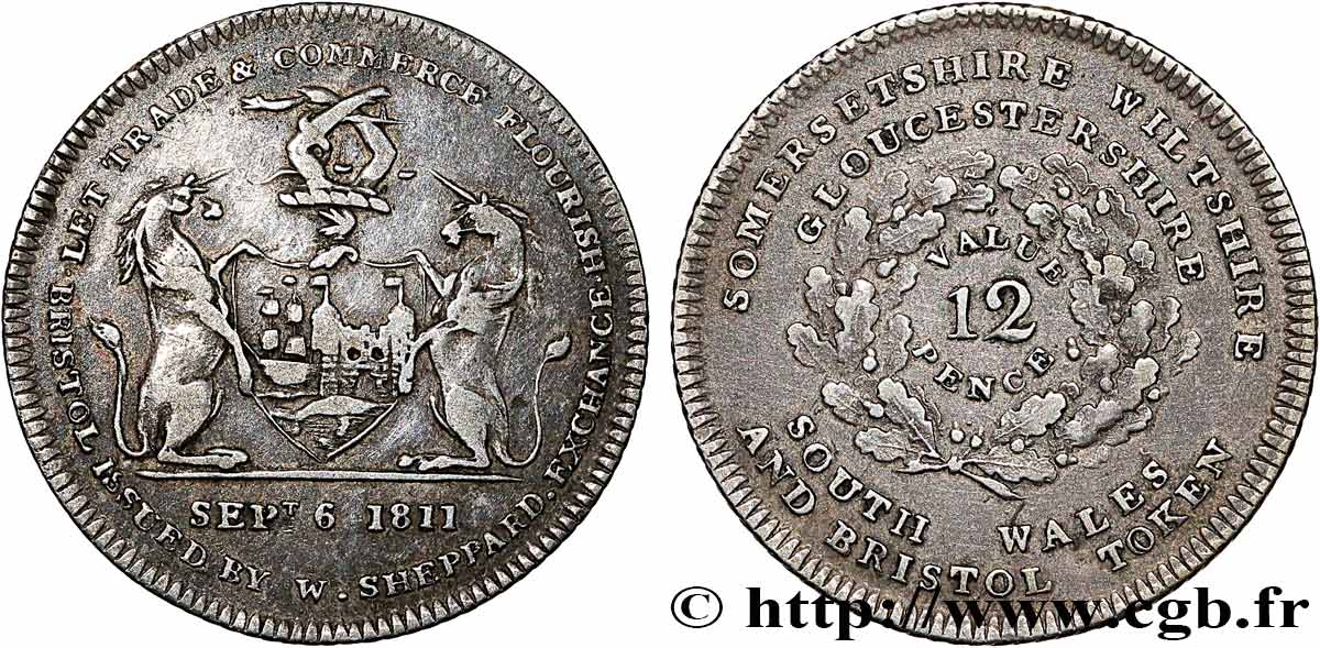 BRITISH TOKENS OR JETTONS 12 Pence Bristol (Somersetshire) 1811  AU 