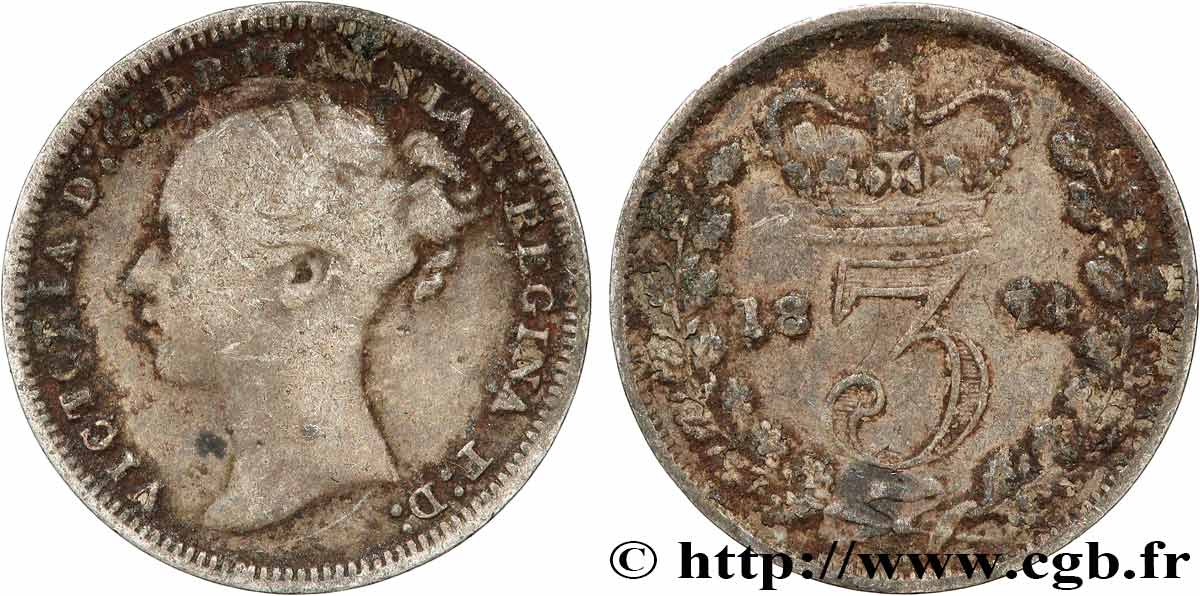 ROYAUME-UNI 3 Pence Victoria “Bun Head” 1874  TB 