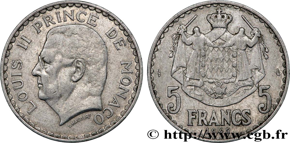 MONACO 5 Francs Louis II / armoiries 1945 Paris TTB 