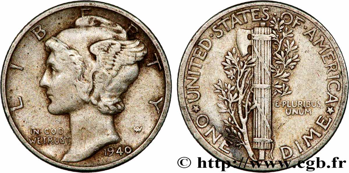 STATI UNITI D AMERICA 1 Dime Mercury 1940 Philadelphie BB 