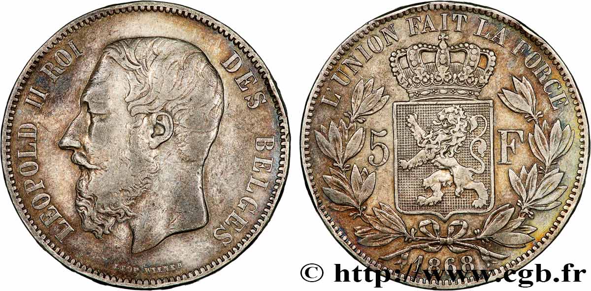 BELGIQUE 5 Francs Léopold II 1868  TB+ 
