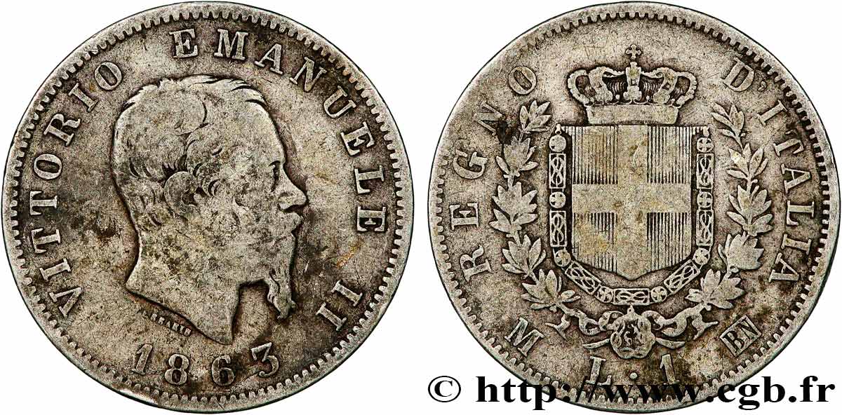 ITALIE 1 Lire Victor Emmanuel II 1863 Milan TB 