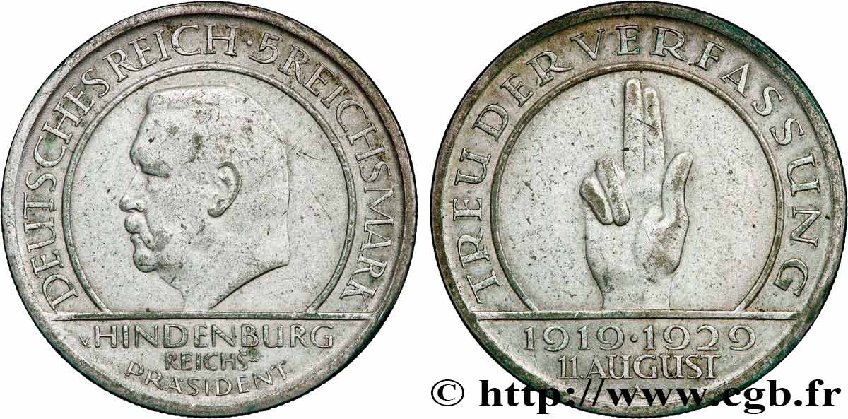 ALLEMAGNE 5 Reichsmark 10e anniversaire de la République  1929 Berlin TTB 