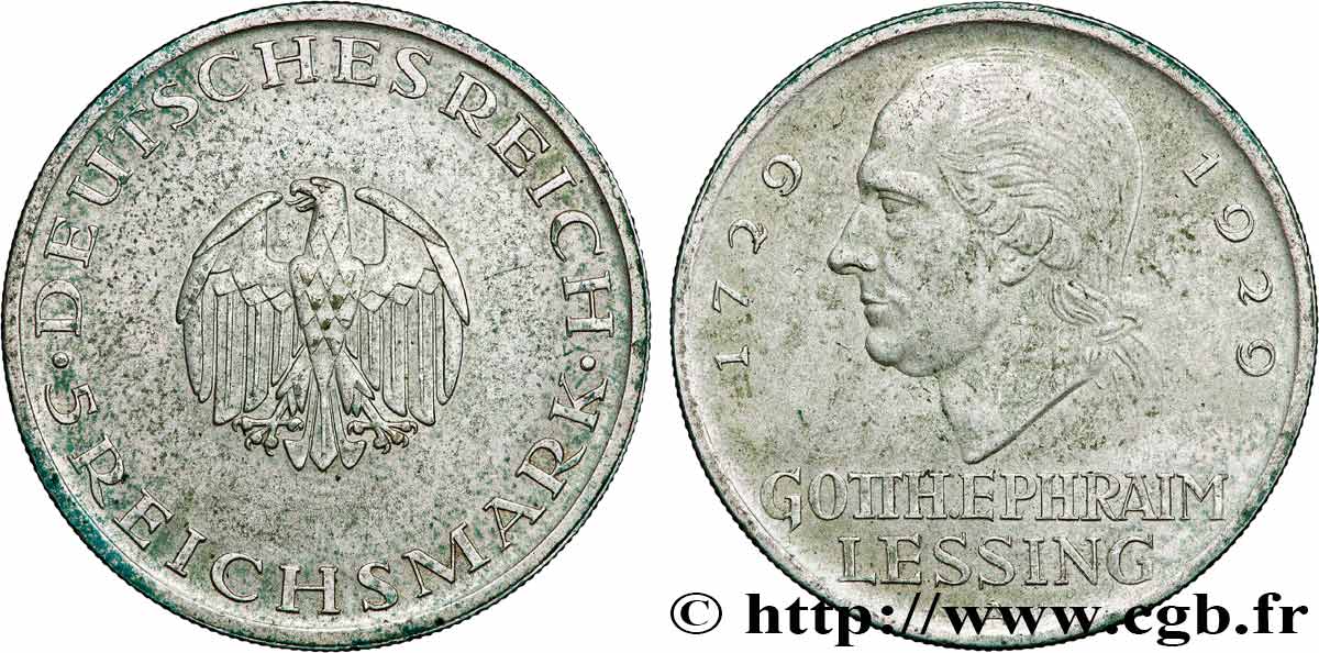 ALLEMAGNE 5 Reichsmark Gotthold Ephraim Lessing 1929 Berlin TTB 