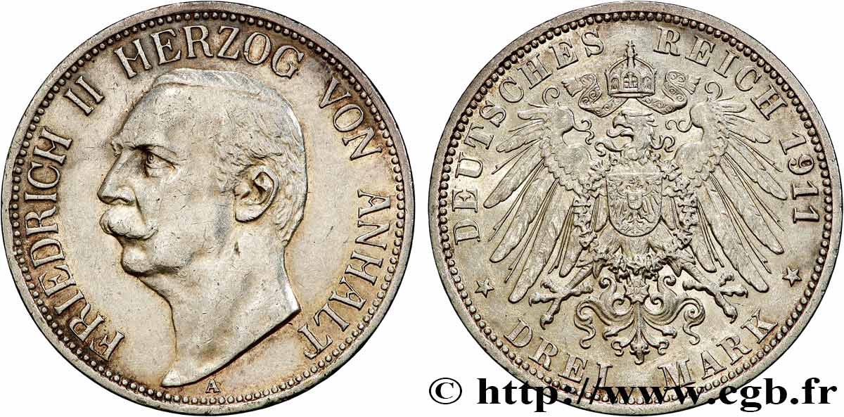 ALLEMAGNE - ANHALT 3 Mark Frédéric II  1911 Berlin TTB+ 