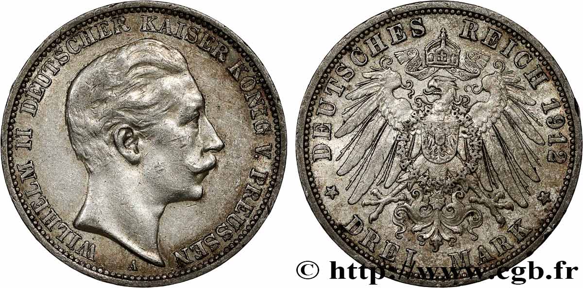 ALEMANIA - PRUSIA 3 Mark Guillaume II  1912 Berlin MBC+ 