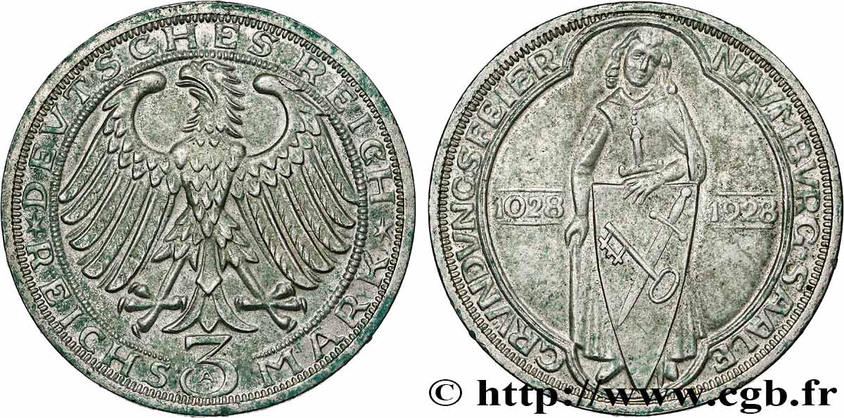 DEUTSCHLAND 3 Reichsmark 900 ans de la fondation de Naumburg (Saale) 1928 Berlin SS 
