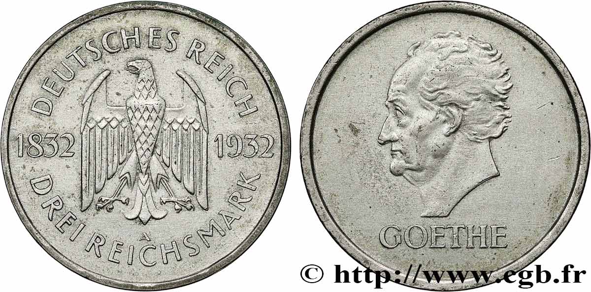 GERMANY 3 Reichsmark aigle héraldique / Goethe 1932 Berlin XF 