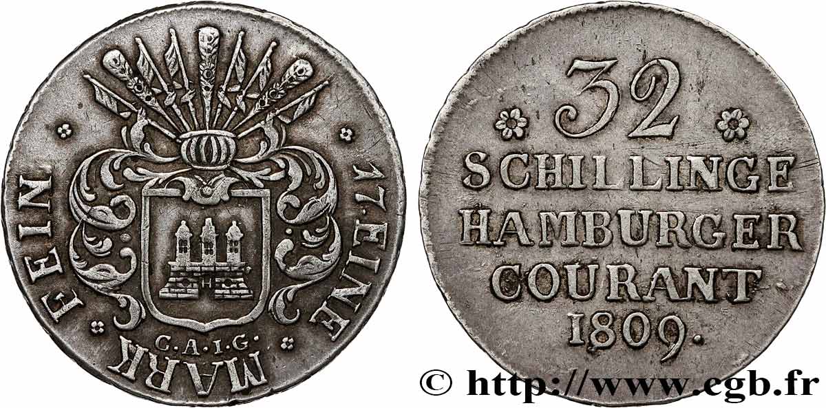 GERMANIA - TERRITORIO DI AMBURGO 32 schillings, 2e type 1809 Hambourg q.SPL 