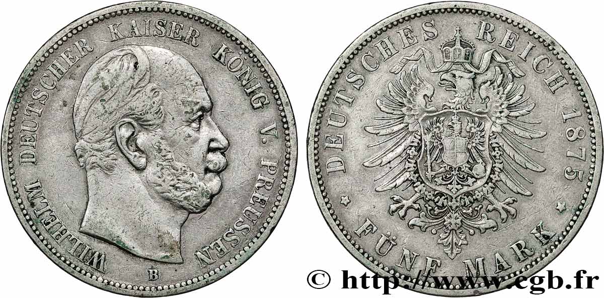 GERMANY - KINGDOM OF PRUSSIA - WILLIAM I 5 Mark  1875 Breslau VF 
