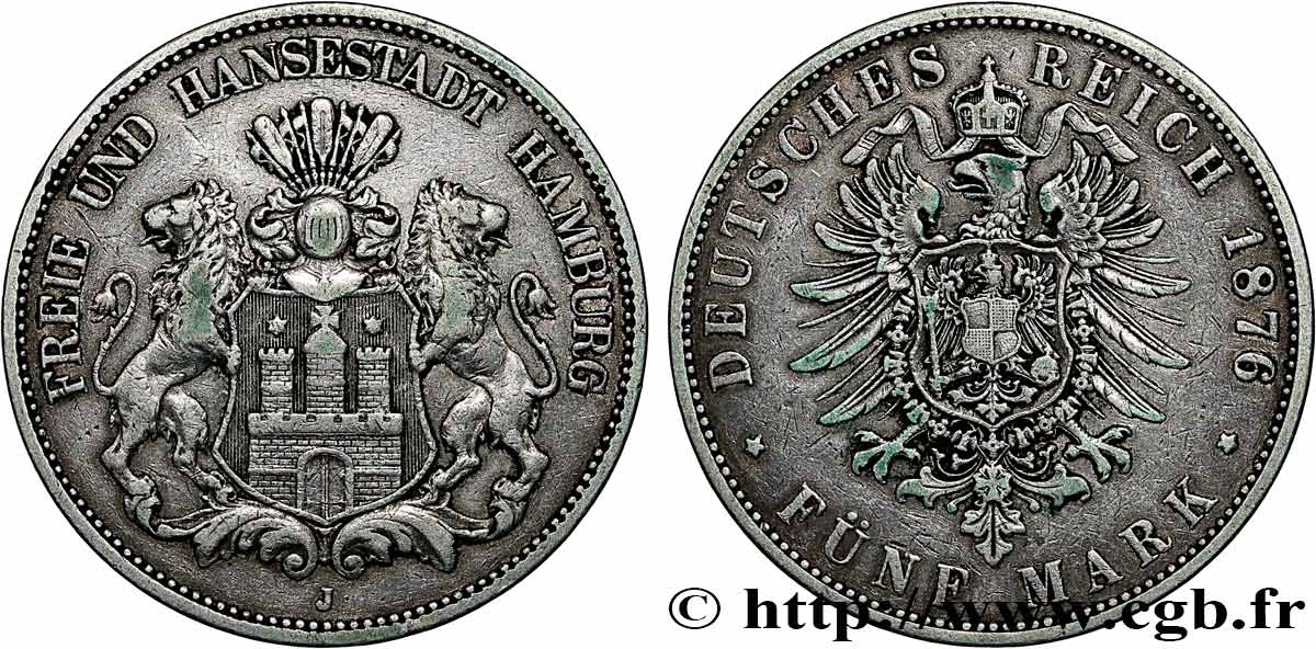 GERMANIA - LIBERA CITTA DE AMBURGO 5 Mark 1876 Hambourg q.BB 