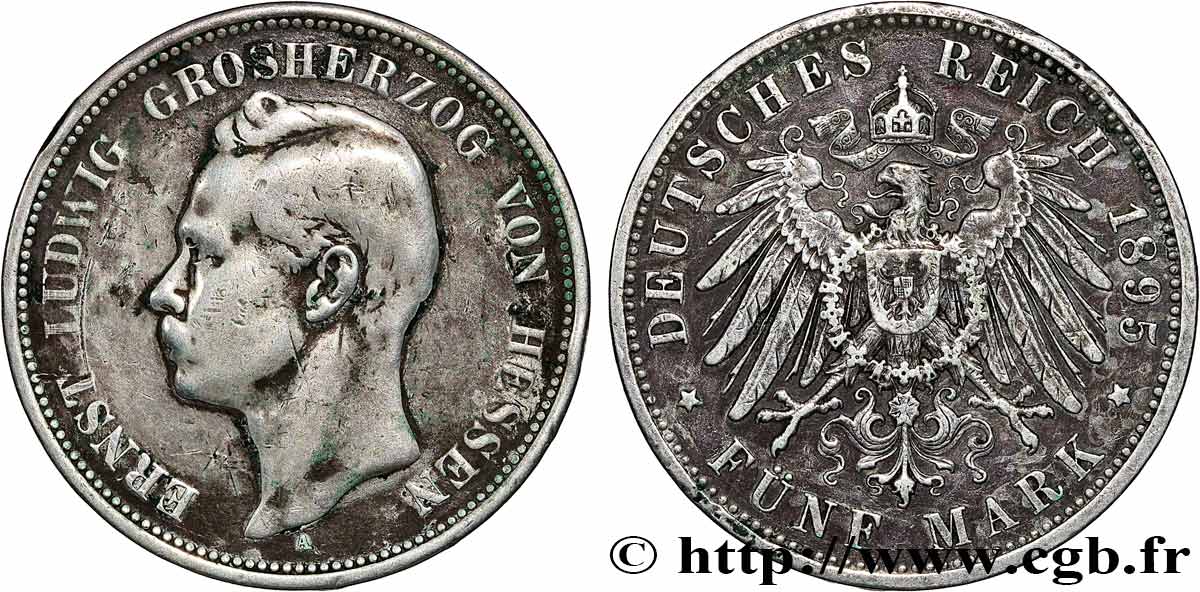 GERMANY - GRAND DUCHY OF HESSE - ERNEST-LOUIS 5 Marks  1895 Berlin VF 