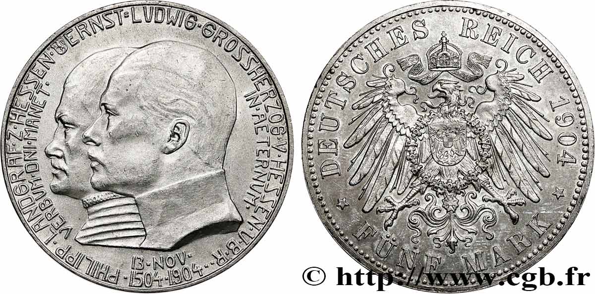 GERMANY - HESSE 5 Mark 400e anniversaire de la naissance de Philippe le Magnanime 1904 Berlin AU 