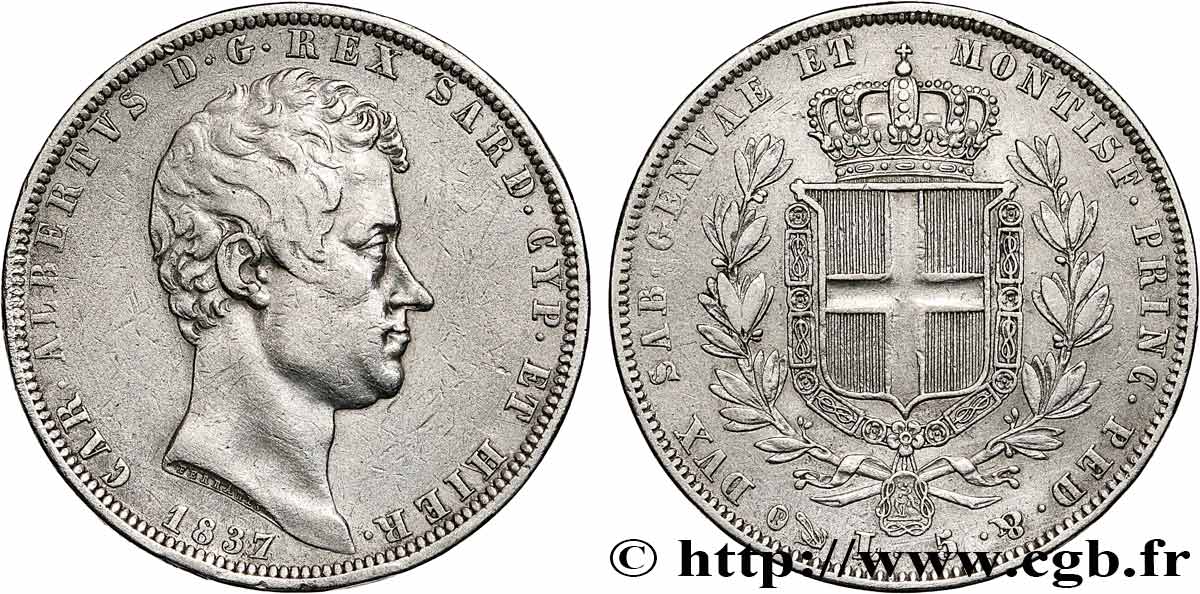ITALY - KINGDOM OF SARDINIA 5 Lire Charles Albert 1837 Gênes XF 
