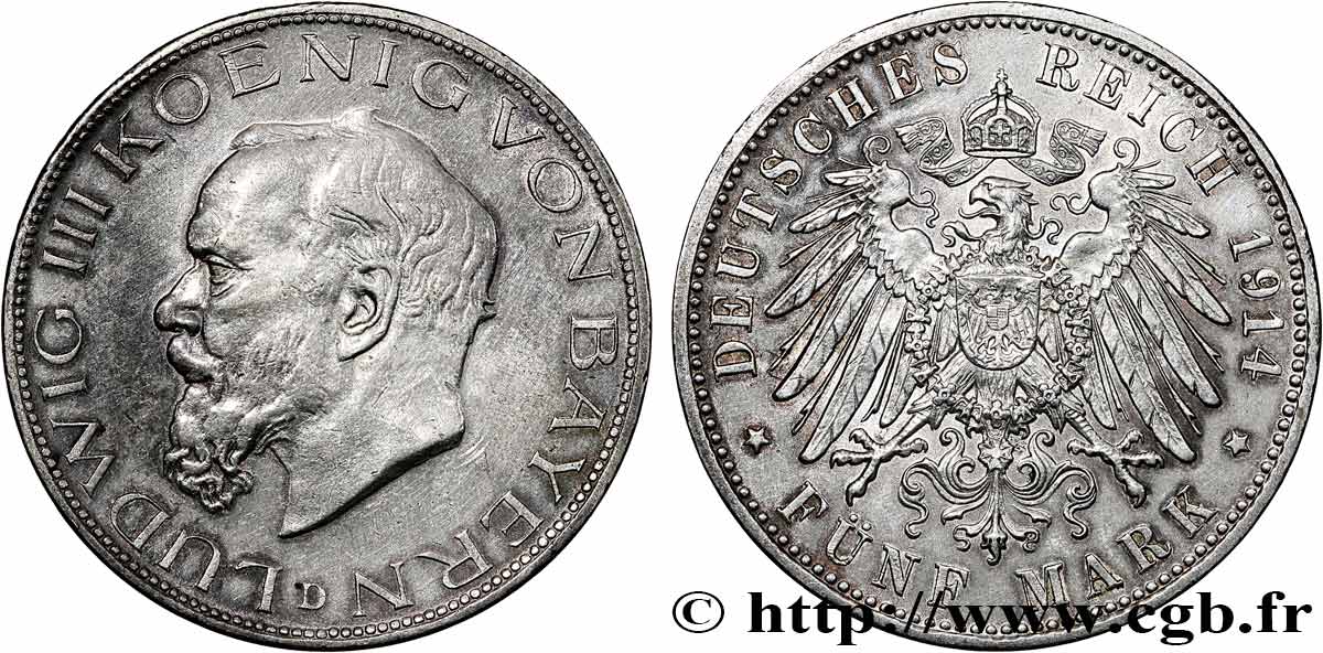 ALLEMAGNE - BAVIÈRE 5 Mark Léopold III 1914 Munich TTB+ 