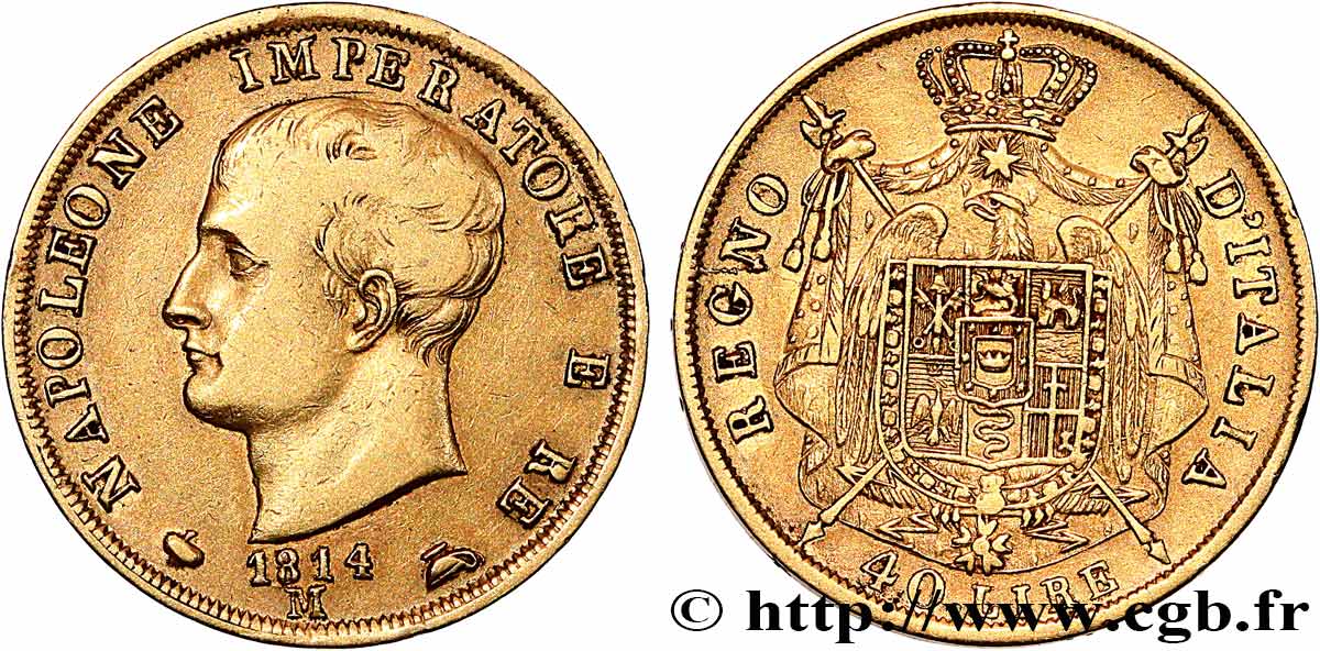 ITALIA - REINO DE ITALIA - NAPOLEóNE I 40 Lire 1814 Milan MBC/MBC+ 