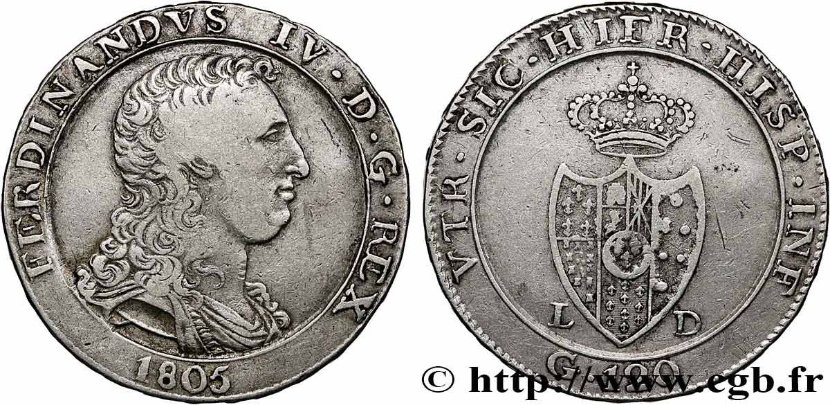ITALY - KINGDOM OF NAPLES - FERDINAND IV 1 Piastre de 120 Grana 1805  VF 