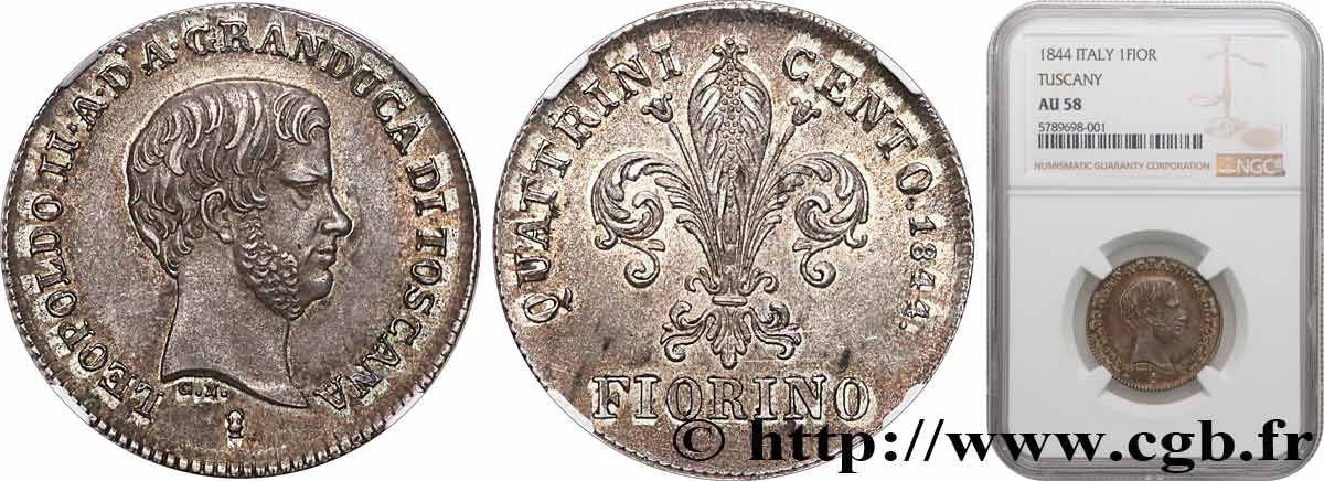 ITALY - GRAND DUCHY OF TUSCANY - LEOPOLD II Fiorino, 3e type 1844 Florence AU58 NGC