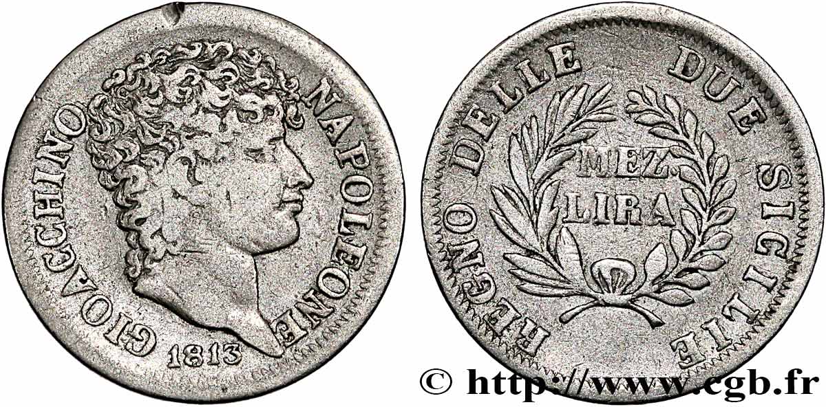 ITALIA - REINO DE NÁPOLES - JOAQUÍM MURAT 1/2 Lira 1813 Naples BC+ 