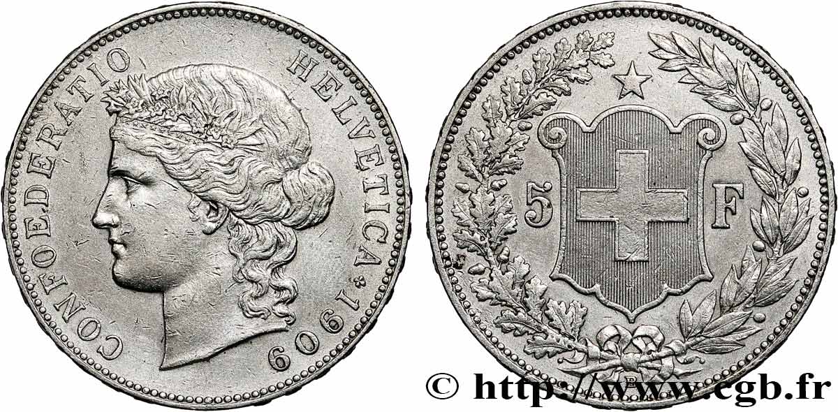 SWITZERLAND 5 Francs Helvetia 1909 Berne XF 