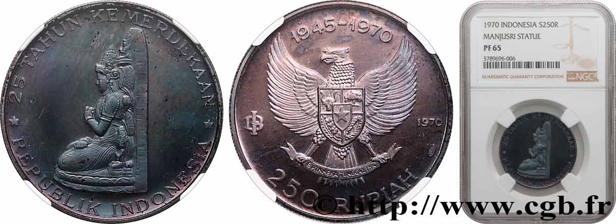 INDONÉSIE 250 Rupiah Proof 25e anniversaire de l’indépendance 1970  FDC65 NGC