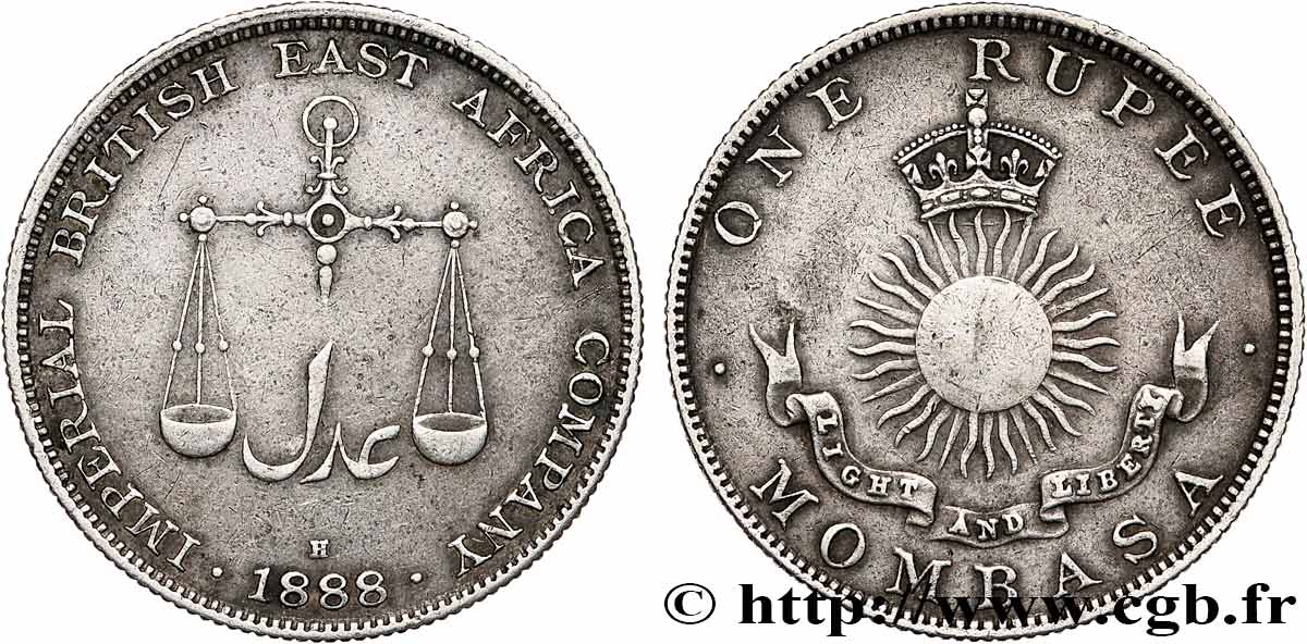 MOMBASA 1 Rupee 1888 Heaton TTB 