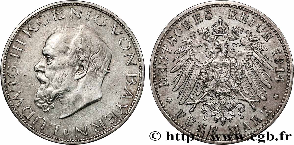 GERMANY - BAVARIA 5 Mark Léopold III 1914 Munich AU/AU 