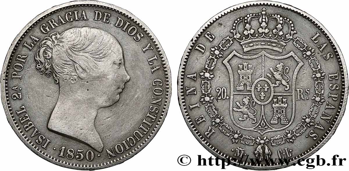 ESPAGNE - ROYAUME D ESPAGNE - ISABELLE II 20 Reales  1850 Madrid q.BB 