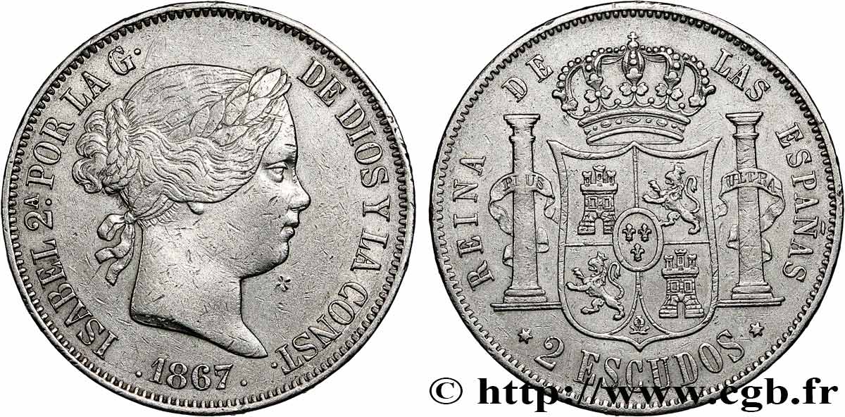 ESPAGNE - ROYAUME D ESPAGNE - ISABELLE II 2 Escudos  1867 Madrid MBC 