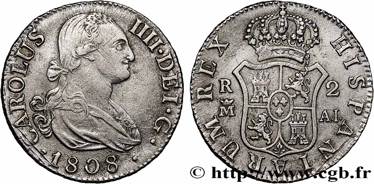 SPAIN - KINGDOM OF SPAIN - CHARLES IV 2 Reales 1808 Madrid XF 