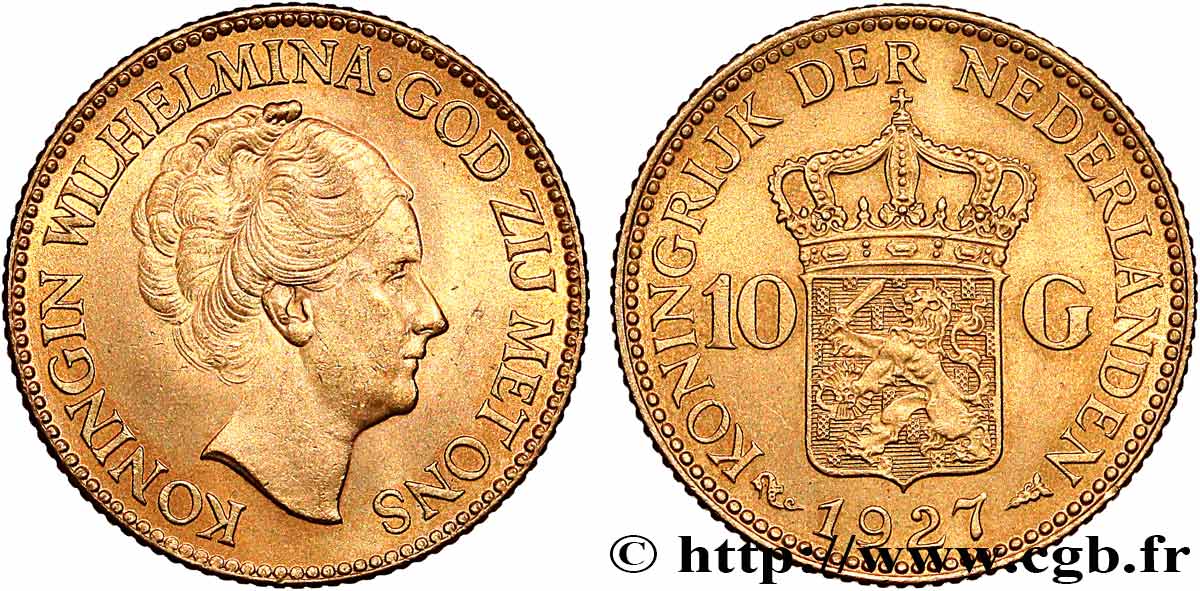 OR, PALLADIUM ET PLATINE INVESTISSEMENT 10 Gulden Wilhelmina, 4e type 1927 Utrecht SUP 